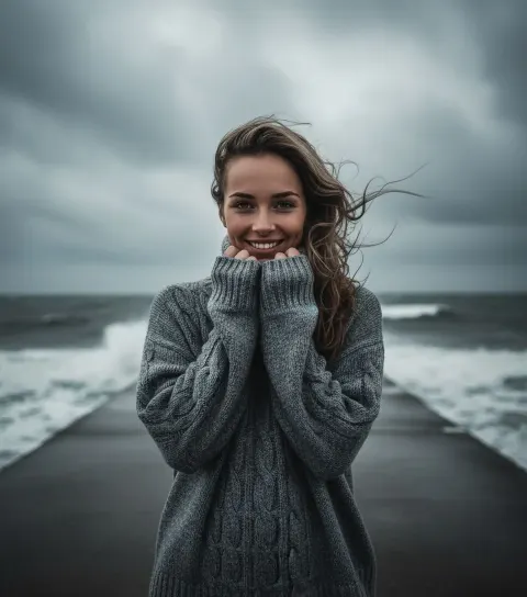 Woman Stormy Pier Ocean Gray Sweater