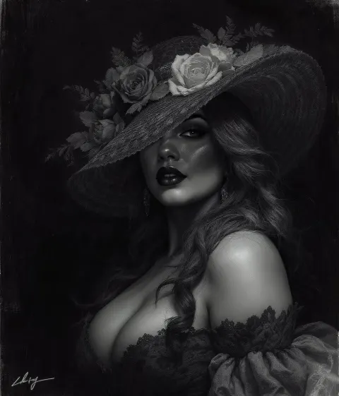 Person Wide Hat Charcoal Drawing