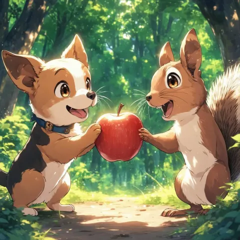 Anime Dog Gifting an Apple to a Squirrel