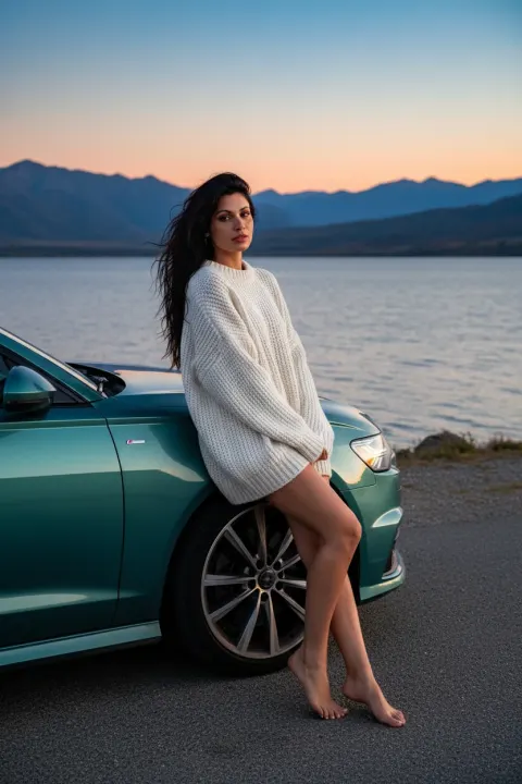 Woman Audi Lake Sunset Breeze