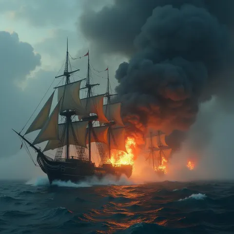 Medieval Ships Ablaze Under Storm Clouds