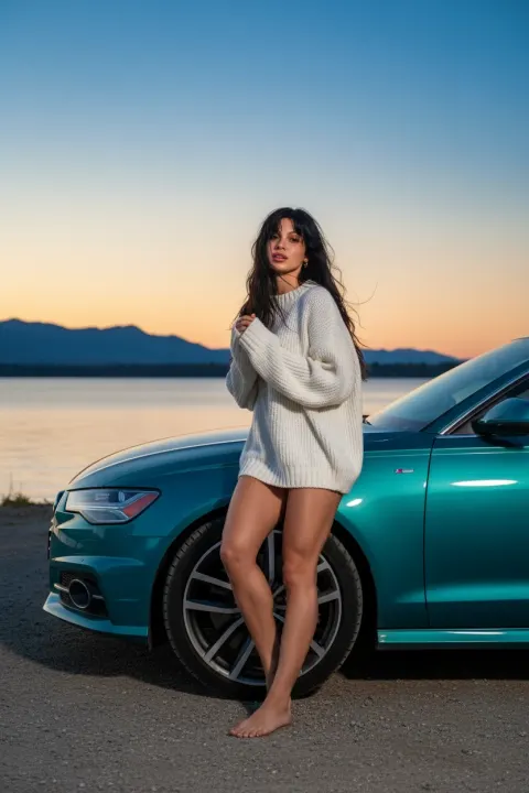 Woman Audi Legs Lake Sunset