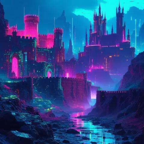 Neonpunk Medieval Cities Burning in Electric Hues