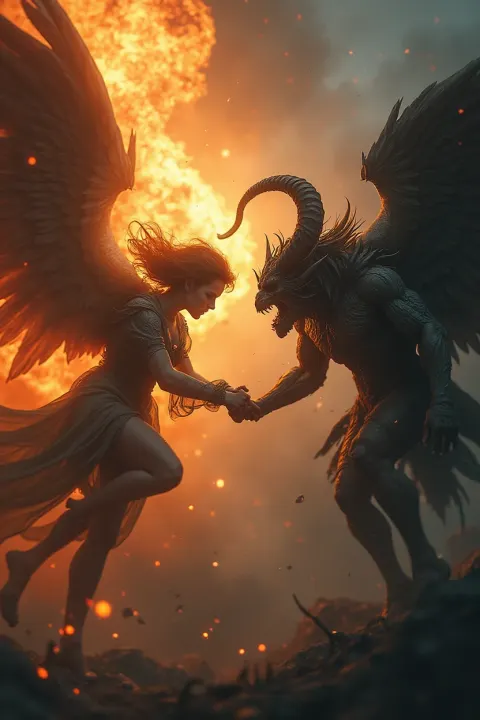 Angel Demon Conflict Fantasy Fire