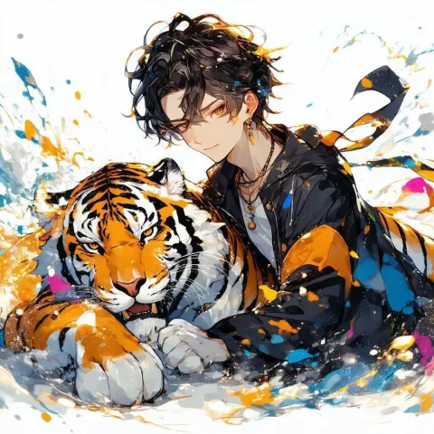 Boy and Tiger at Play in Anime