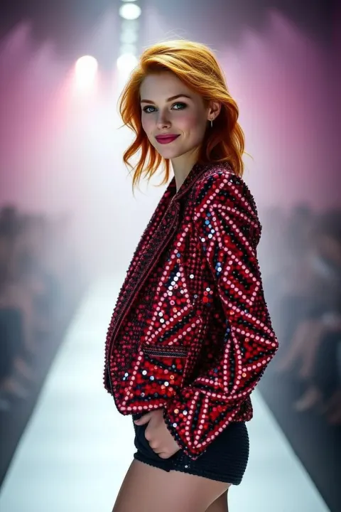 Redhead Woman Sequinned Runway Fashion
