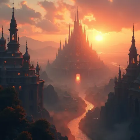 Fantasy City Awakening to an Epic Sunrise