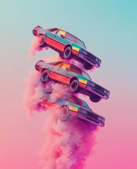 Surreal Cars Flying in Glitch Art