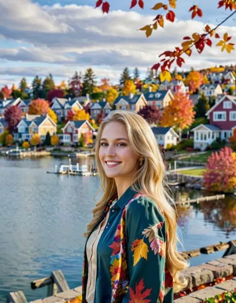 Woman Blonde Lake House Autumn