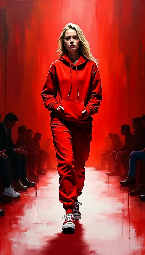 Woman Red Runway Hoodie Sweatpants Intense Serious