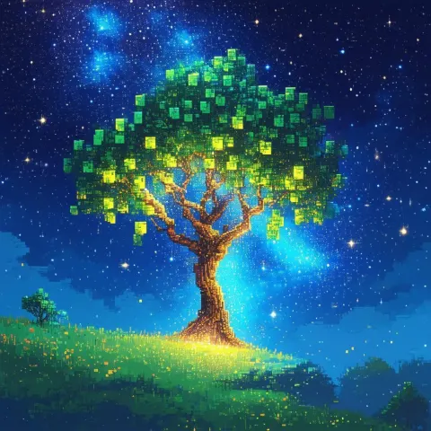 Surreal Pixel Tree Ascending Into Starlight