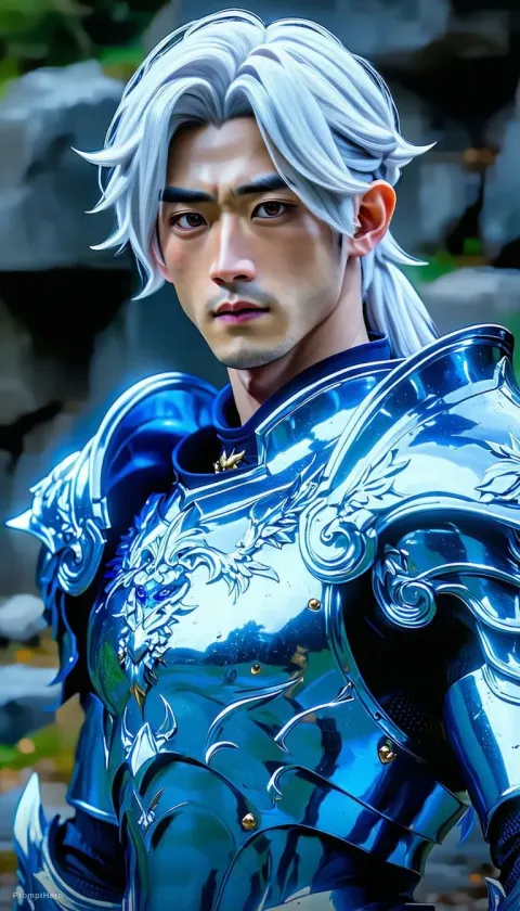 Boy White Hair Intricate Azure Armor Detailed