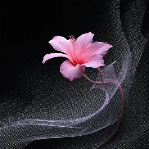 Pink Petaled Flower Floating in Surreal Black