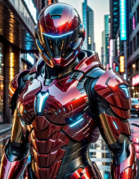 Soldier Red Armor Street Futuristic Hyperrealistic Advanced