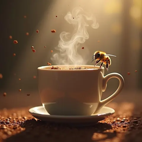 Bee Hovering Beside Steaming Cocoa