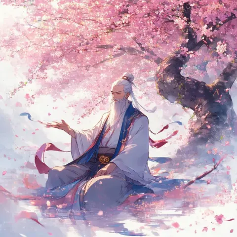 Wise Man Beneath Pink Cherry Blossom Canopy