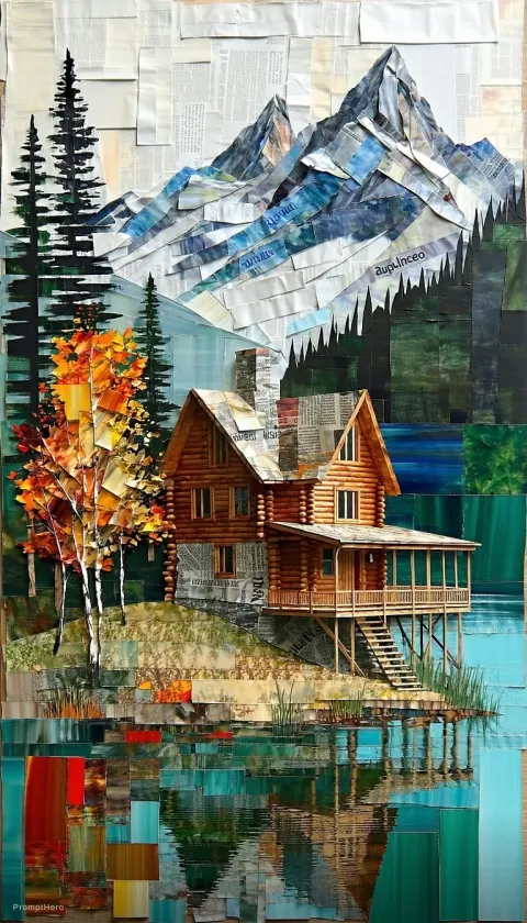 Man Lake Collage Vintage Highly Detailed Landscape