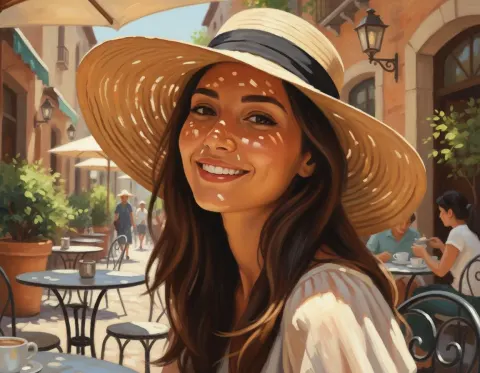 Hat Cafe Painting Canvas Portrait Pretty Brunette