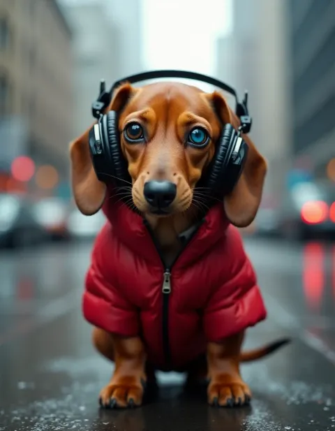 Dog Red Jacket City Futuristic Dachshund Blue