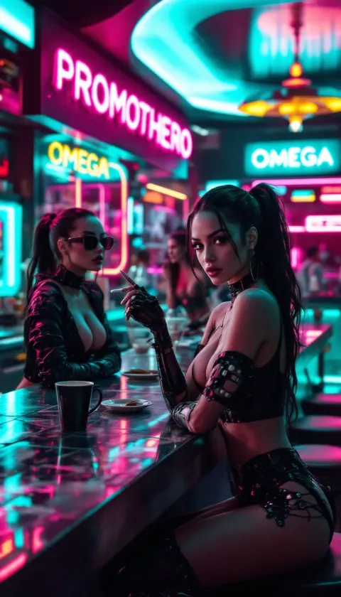 Teal Bar Futuristic Several Beautiful Women Counter