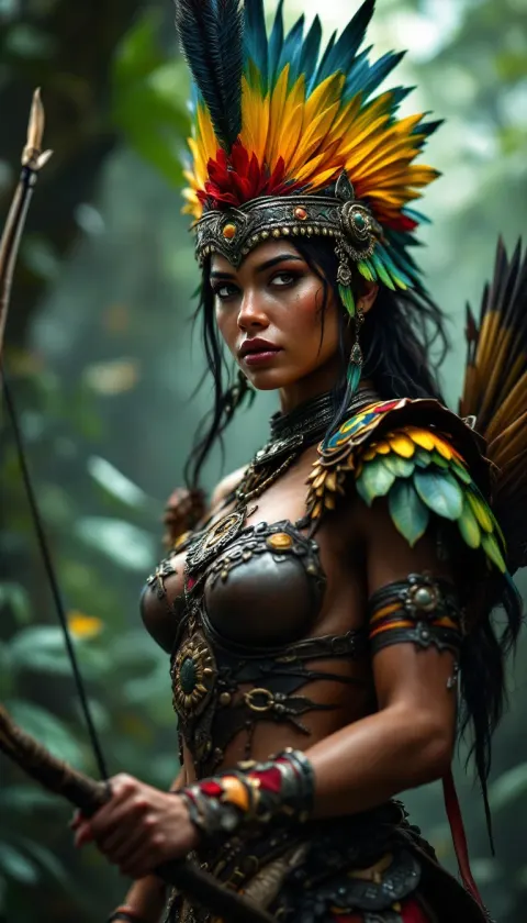 Woman Feathers Forest Dramatic Photo Ultra Realistic