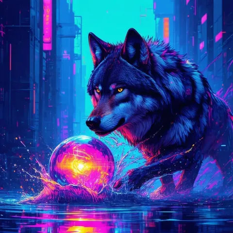 Cyber Wolf Casting a Glowing Water Ball