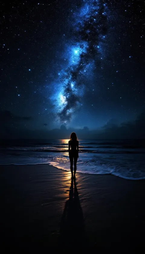 Woman Gray Sky Dark Starry Shines Beach