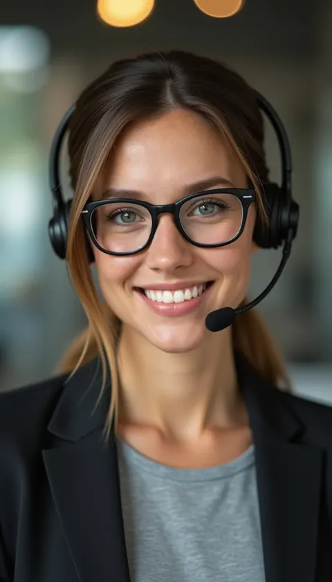 Woman Black Glasses Professional Setting Smiling Warmly