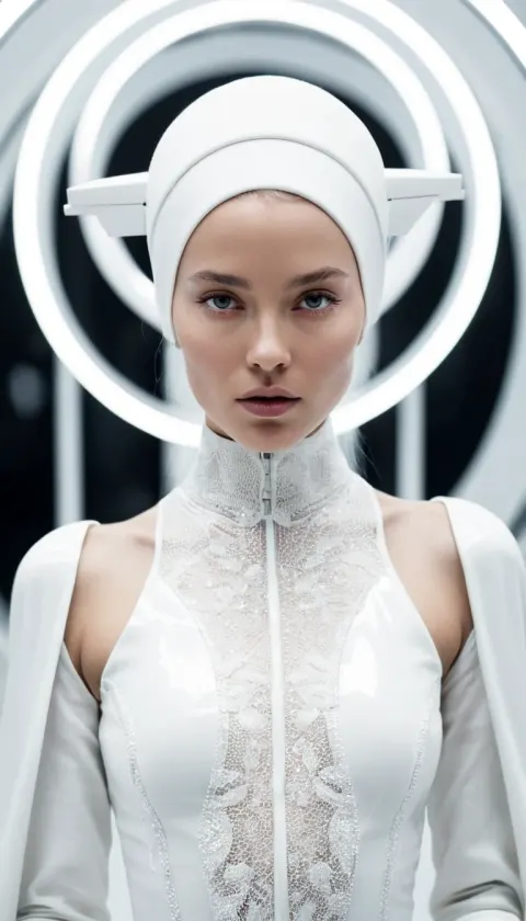 Woman White Lace Futuristic Setting