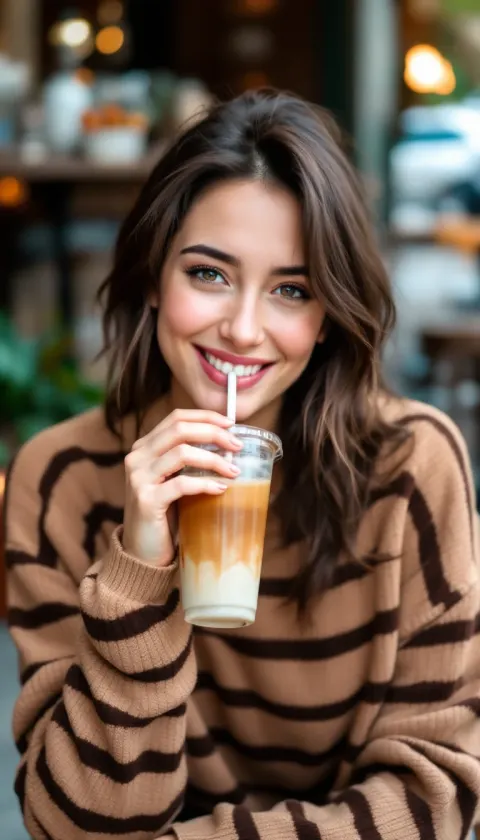 Woman Cafe Drink Playful Smile