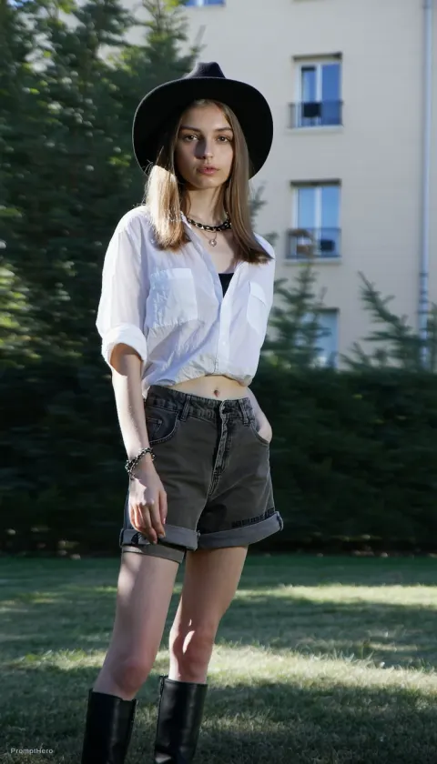 Woman White Shirt Black Hat Park