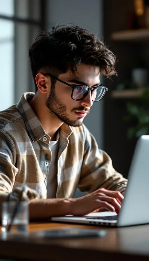 Young Man Glasses Laptop Computer