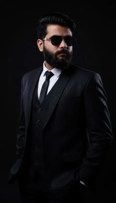 Man Black Suit Sunglasses Studio