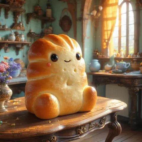 Friendly Bread Creature on an Antique Table