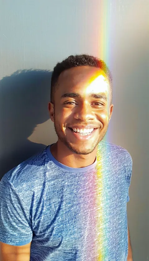 Man Rainbow Reflection Blue Shirt