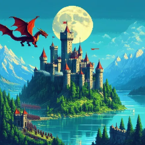 Pixel Army Storming a Dragon Guarded Castle