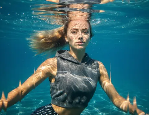 Girl Green Eyes Swimming Underwater Glitter