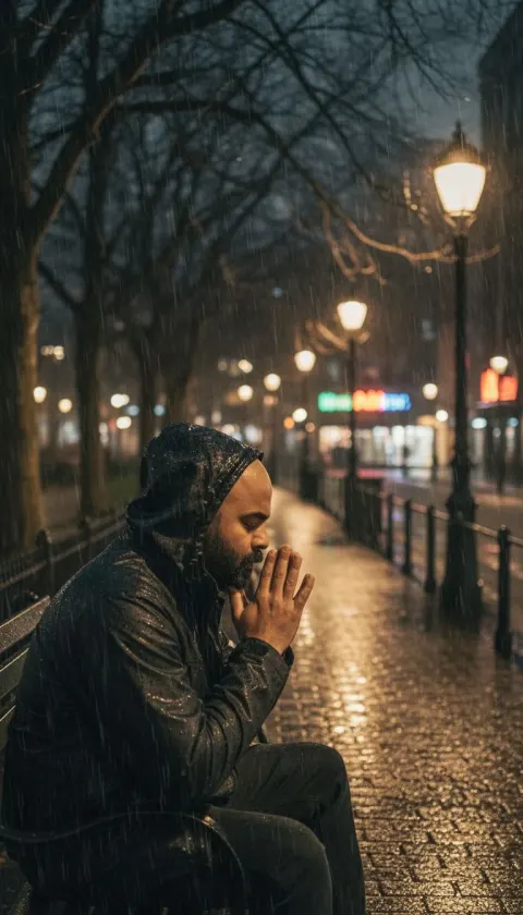 Man Park Bench Rainy Night Contemplative