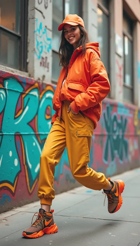 Woman Orange Outfit Graffiti Urban Alley