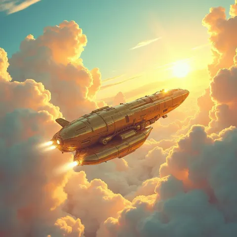 Golden Alien Spaceship Soaring Through Puffy Clouds