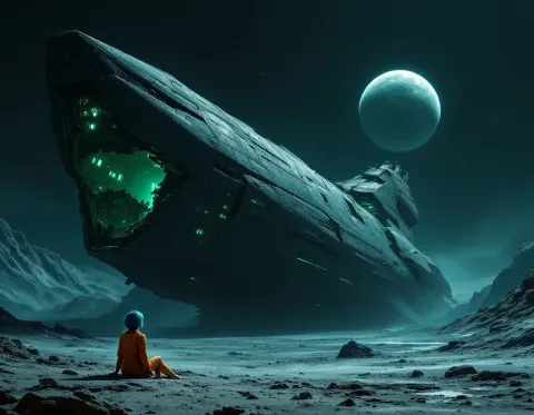 Female Astronaut Blue Hair Abandoned Spaceship