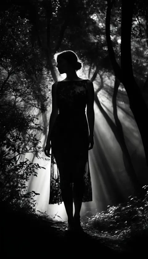 Woman Dark Lace Dress Sunlit Forest