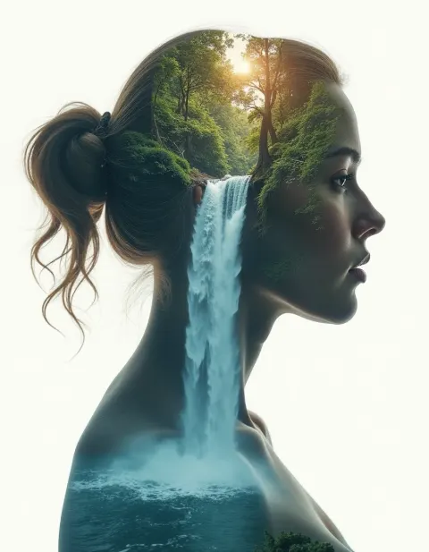 Woman Silhouette Waterfall Double Exposure