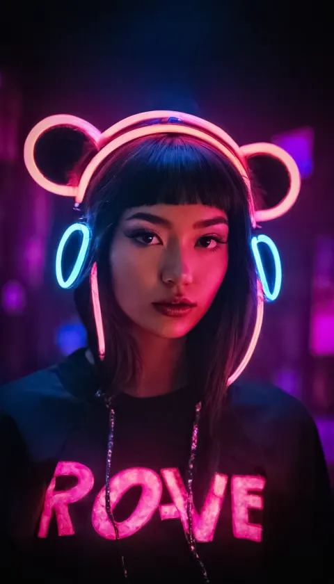 Woman Neon Headphones Nightclub Fashion
