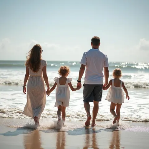 Family of Four Walking the Digital Shoreline