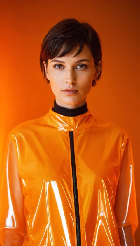 Woman Orange Light Plastic Raincoat Neon