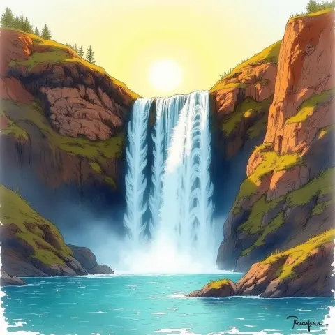 Sunny Waterfall Sketched Over Rugged Cliffs