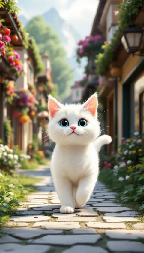 Cute White Cat Village Pixar Style