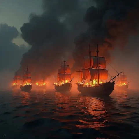 Burning Medieval Fleet Beneath Storm Clouds