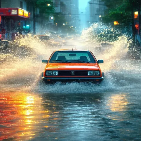 Car Wading Through a Flooded Animated City
